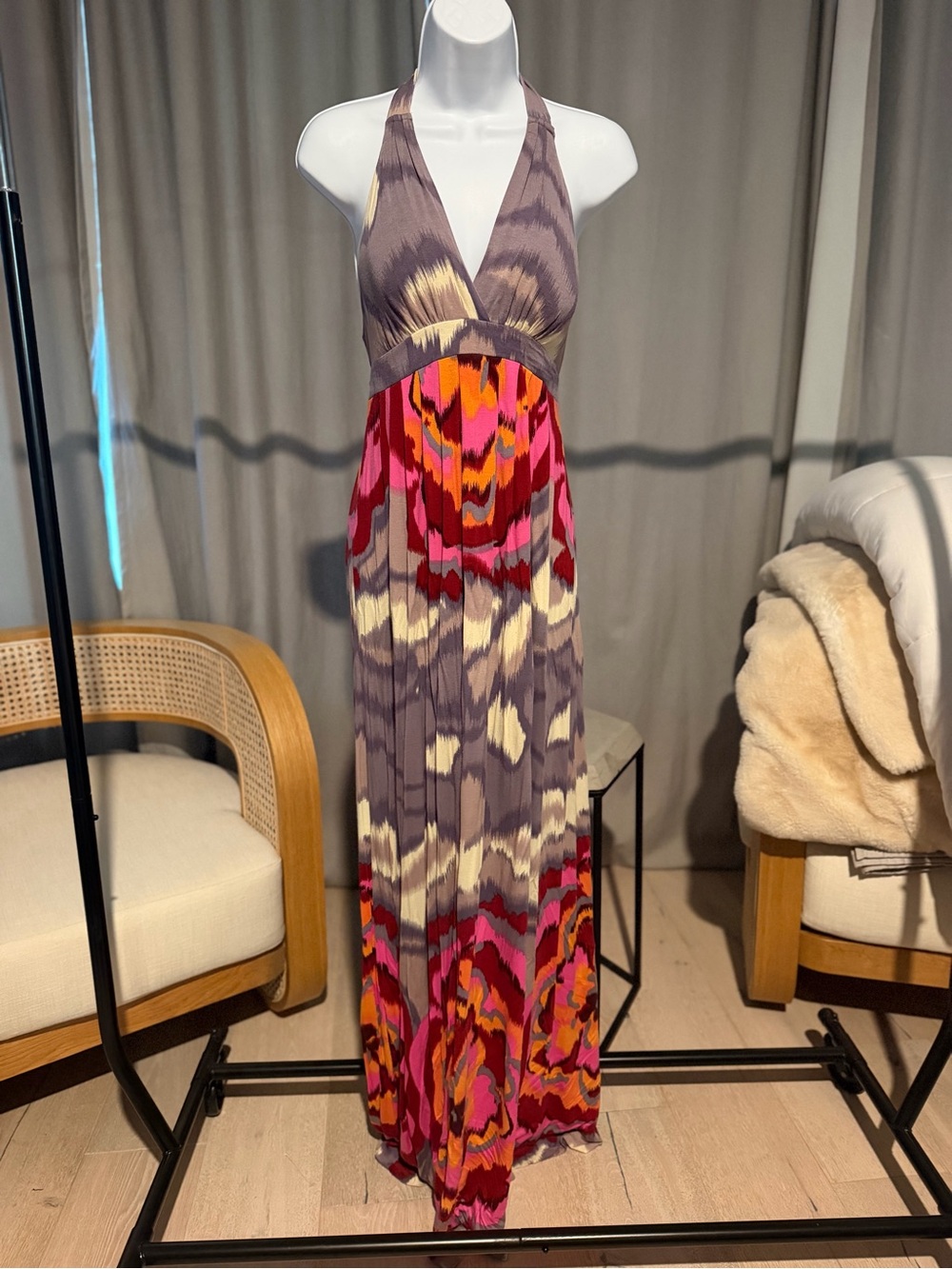 Multicolor Halter Maxi Dress in Gray, Pink & Orange